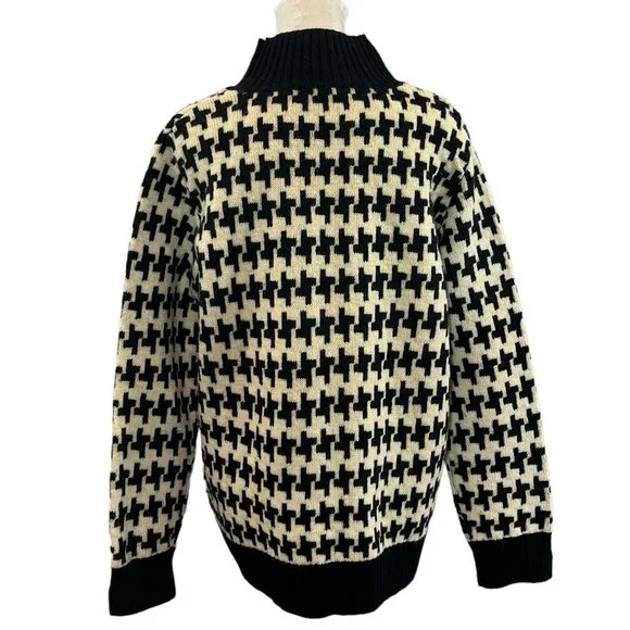 Black & Cream Houndstooth Lambswool Mock Neck Sweater – Size Medium - Picture 3 of 8